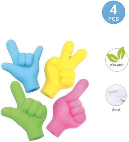 4 Pcs Assorted Hand Signal Shaped Erasers - Colorful School Stationery