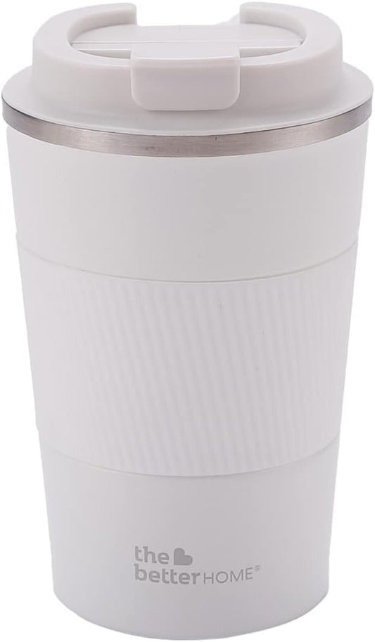 Fitto White Coffee Mug with Lid, 380ml Double Wall Insulated Stainless Steel Mug – Travel-Friendly, Leak-Proof Coffee Cup for Hot & Cold Beverages – BPA-Free, Spill-Resistant Mug for Office, Home