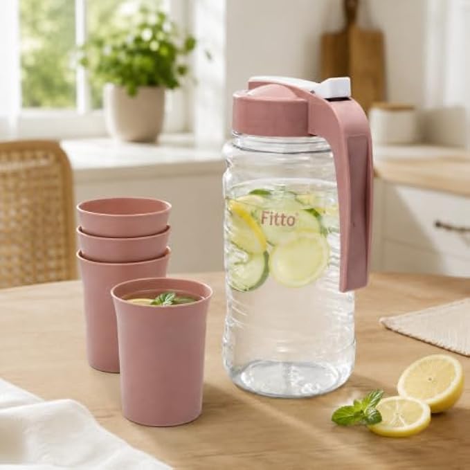 96 Pieces Water Jugs (4 Glasses – Clear Plastic Jug Set with Easy-Pour Lid – Comfort Handle – BPA-Free – Daily Use)