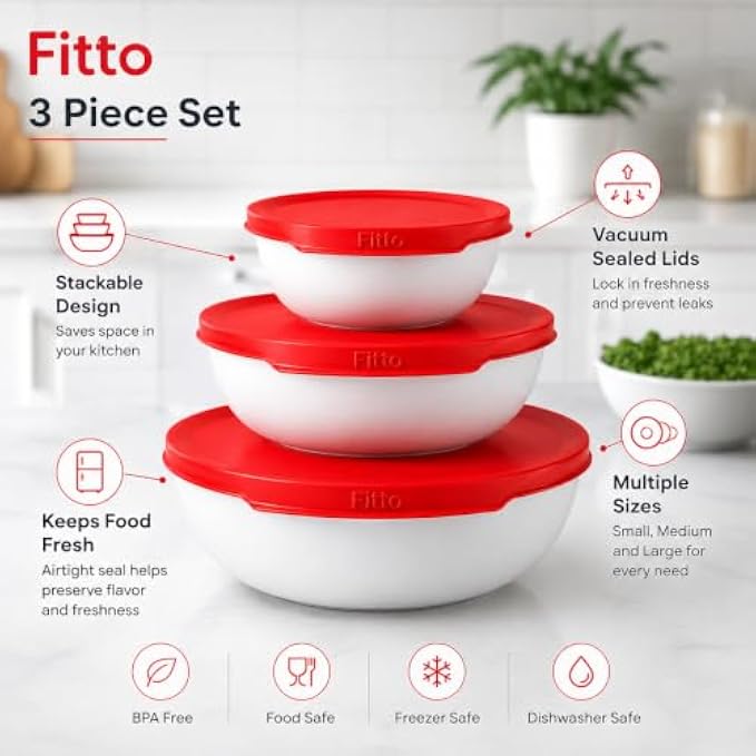 96 Pieces 3 Piece Vacuum Sealed Food Storage Container Sets (Stackable BPA-Free Bowls with Red Lids for Kitchen Storage)