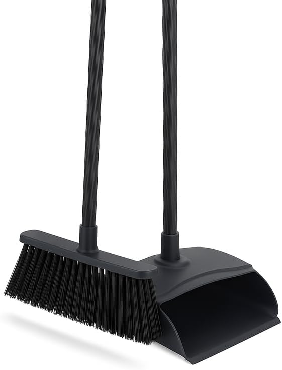 Long Handle Dustpan and Brush Set, Black, Durable Cleaning Tool for Home and Office