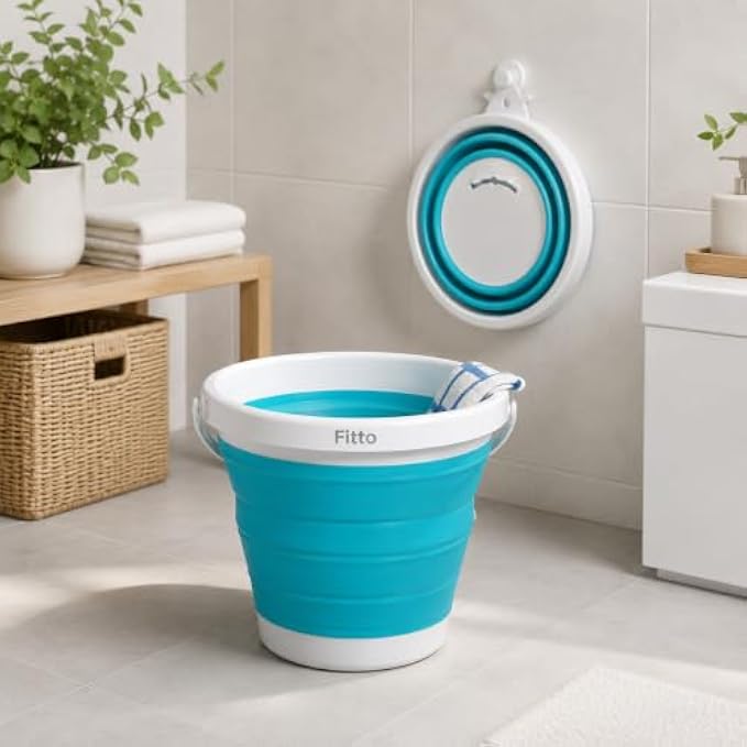 96 Pieces 5L Foldable Buckets (Collapsible Space Saving Bucket with Handle for Bathroom – Kitchen – Laundry – Travel and Cleaning – Blue and White)