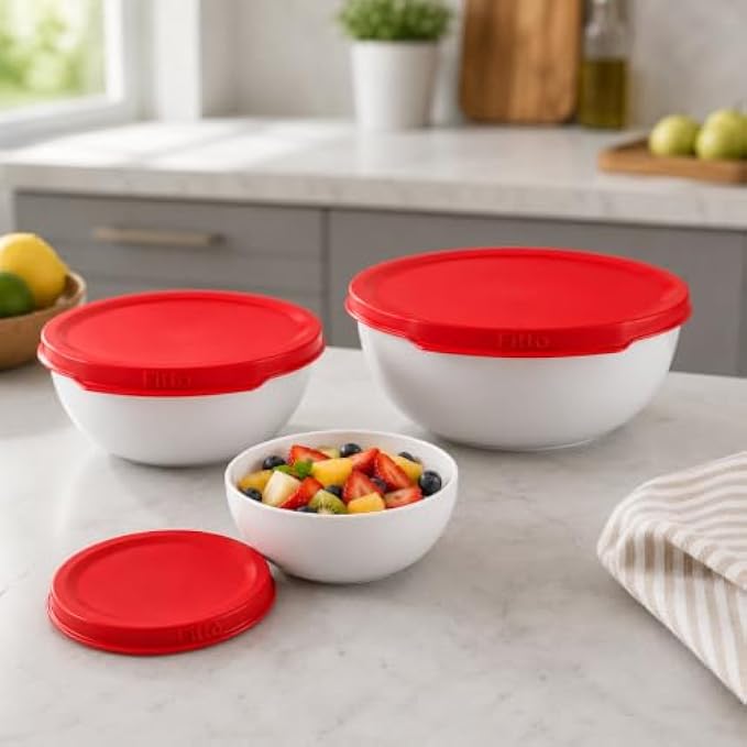 96 Pieces 3 Piece Vacuum Sealed Food Storage Container Sets (Stackable BPA-Free Bowls with Red Lids for Kitchen Storage)