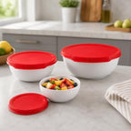 96 Pieces 3 Piece Vacuum Sealed Food Storage Container Sets (Stackable BPA-Free Bowls with Red Lids for Kitchen Storage)