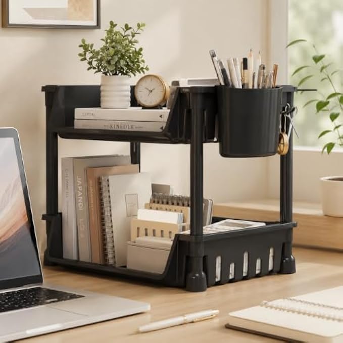 72 Pieces Desktop Organizer Shelves with Pen Holder (Multi Compartment Desk Storage Rack – Space Saving Office Organizer – Black)