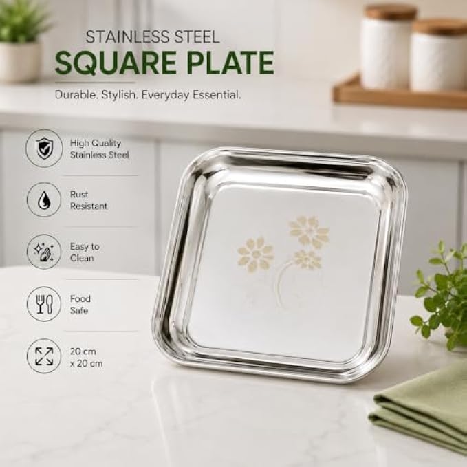 96 Pieces Stainless Steel Square Plates (Food-Grade Reusable Serving Plate with Raised Edges – Rust Resistant Easy Clean Dinner Plate for Home Kitchen Parties and Daily Meals – Silver)