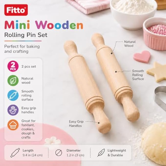 144 Pieces Mini Wooden Rolling Pin Sets (2-Piece 24 cm Smooth Rolling Tools with Easy-Grip Handles for Dough – Fondant – Cookies and Crafts)