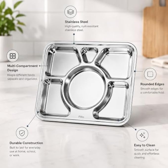 96 Pieces Stainless Steel Divided Food Trays (Multi-Compartment Meal Plate with Rounded Edges – Easy Clean Serving Plate for Home – Office)