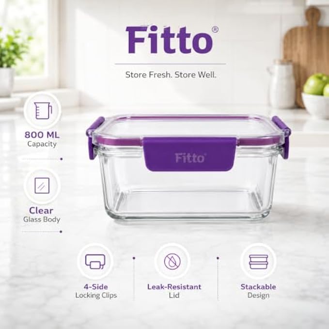 96 Pieces 800ml Glass Food Storage Containers with 4-Side Locking Clips (Leak-Resistant Lid – Clear Stackable Kitchen Storage Box for Meal Prep and Leftovers – Purple)