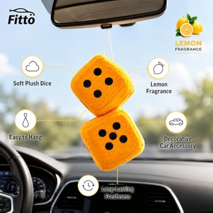 120 Pieces Fuzzy Dice Car Air Fresheners (Yellow Hanging Lemon-Scented Plush Dice Ornament with Cord for Rearview Mirror – Car – SUV and Small Spaces)