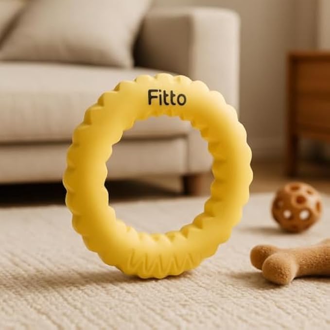 Pet Ring Toy 17x17cm Yellow - Chew & Fetch Ring for Dogs Puppies Cats, Interactive Squeaky Teething Toy