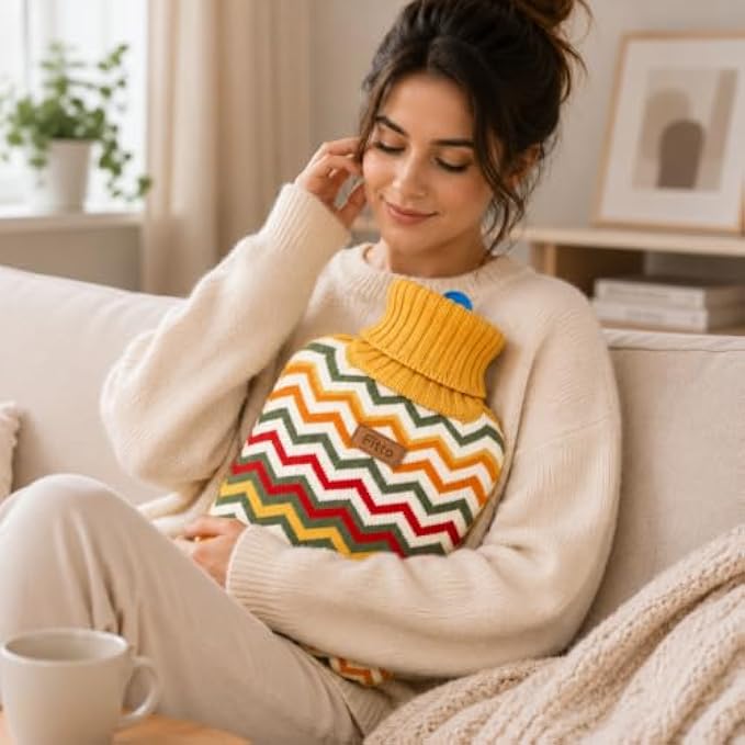 96 Pieces 2L Hot Water Bags with Yellow Zigzag Knitted Cover (Reusable Warm Water Bottle with Leak-Resistant Stopper for Bed and Sofa)