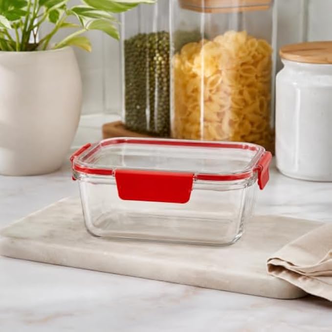 96 Pieces 300ML Glass Food Storage Containers with Airtight Lock Lid (Rectangular Clear Meal Prep Box – Freezer & Dishwasher Safe – Red)