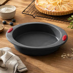 96 Pieces 9 Inch Round Silicone Cake Pans with Easy-Grip Handles (Food-Grade Non-Stick Baking Mold – Flexible Heat Resistant Bakeware – Easy Release and Easy Clean – Grey with Red Handles)