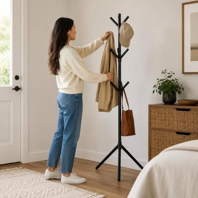 72 Pieces 3-Tier Freestanding Metal Coat Racks with Multiple Hooks and Tripod Base for Coats (Hats – Bags – Entryway – Bedroom and Office – Black)