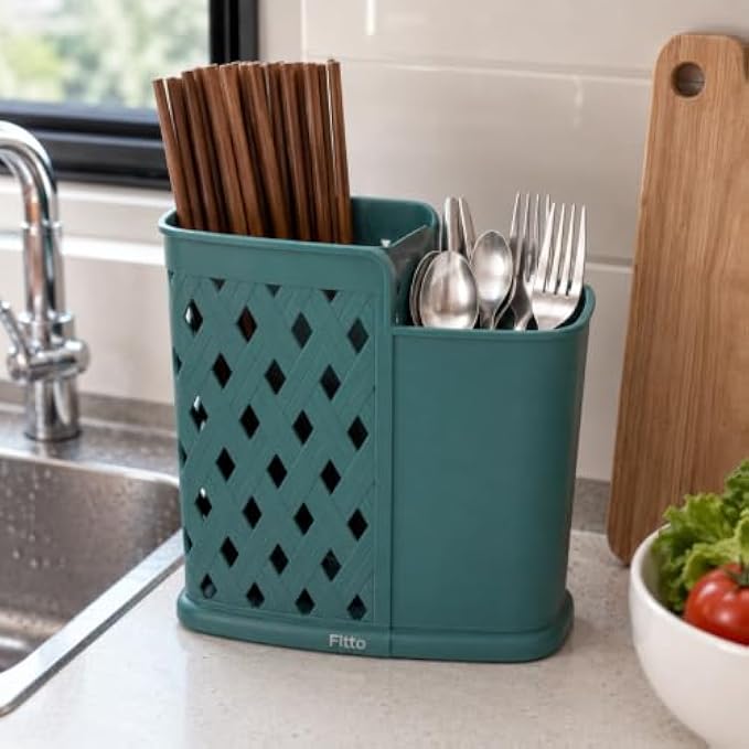 120 Pieces Plastic Utensil Holders (Dual Compartment Chopstick Spoon Fork Organizer with Drainage Cutouts – Teal Green)