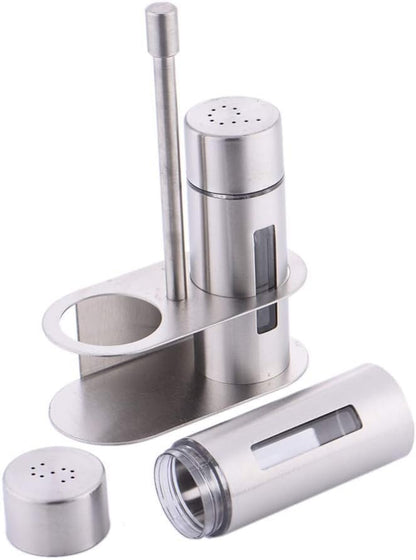 Stainless Steel Salt and Pepper Shaker Set with Stand, Odor-Free Spice Containers, Leak-Proof Airtight Seal, Transparent Glass Seasoning Jars, Ideal for Kitchen Condiments and Seasoning