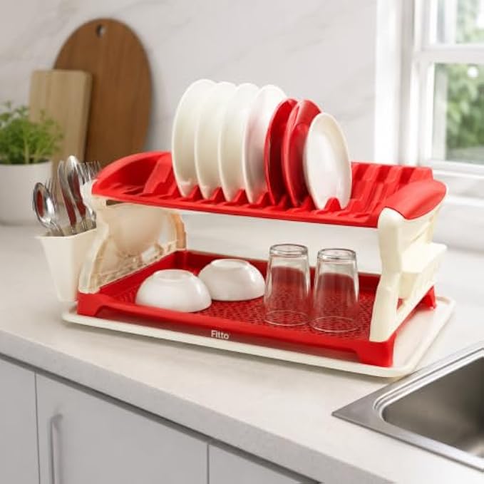 72 Pieces 2 Tier Dish Racks with Drainage Base Tray for Plates Bowls Cups and Kitchen Counter Storage