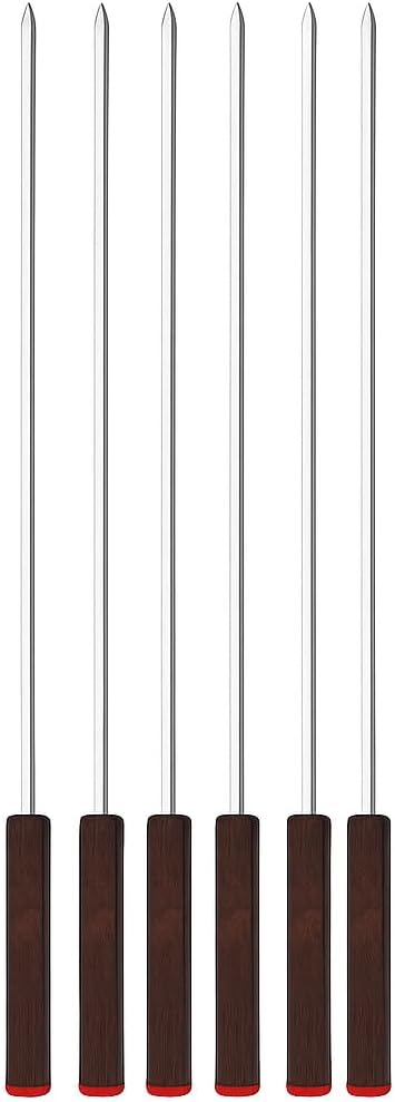 BBQ Skewers Set – Pack of 6 Stainless Steel Skewers with Wooden Handles, Ideal for Grilling, Camping, and Outdoor Cooking, Silver, 40x0.3x0.3 cm