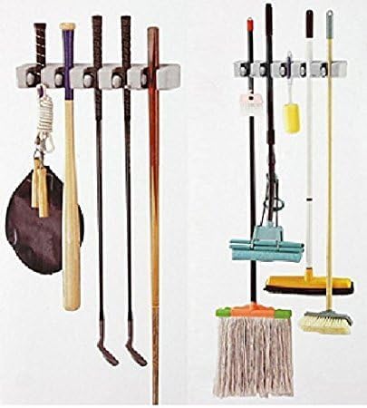 Wall Mounted Broom Holder – 5-Slot Organizer for Mops, Brushes, and Long-Handled Tools – Durable Plastic, Easy Installation with Screws Included for Home, Garage, Laundry, and More