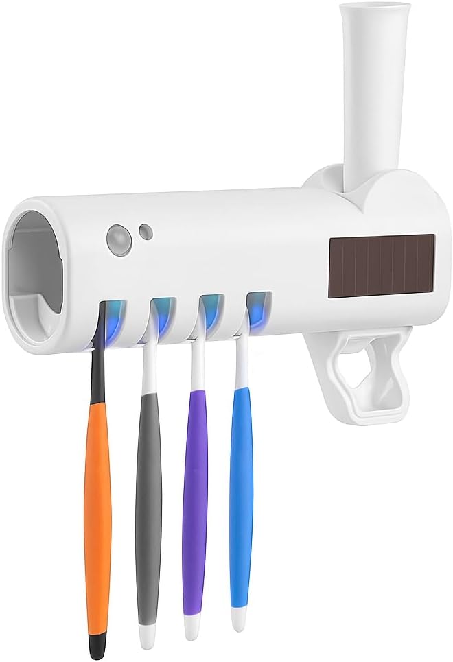 Multi-Functional Toothbrush Sterilizer & Toothpaste Dispenser - Solar Powered, Wireless, White