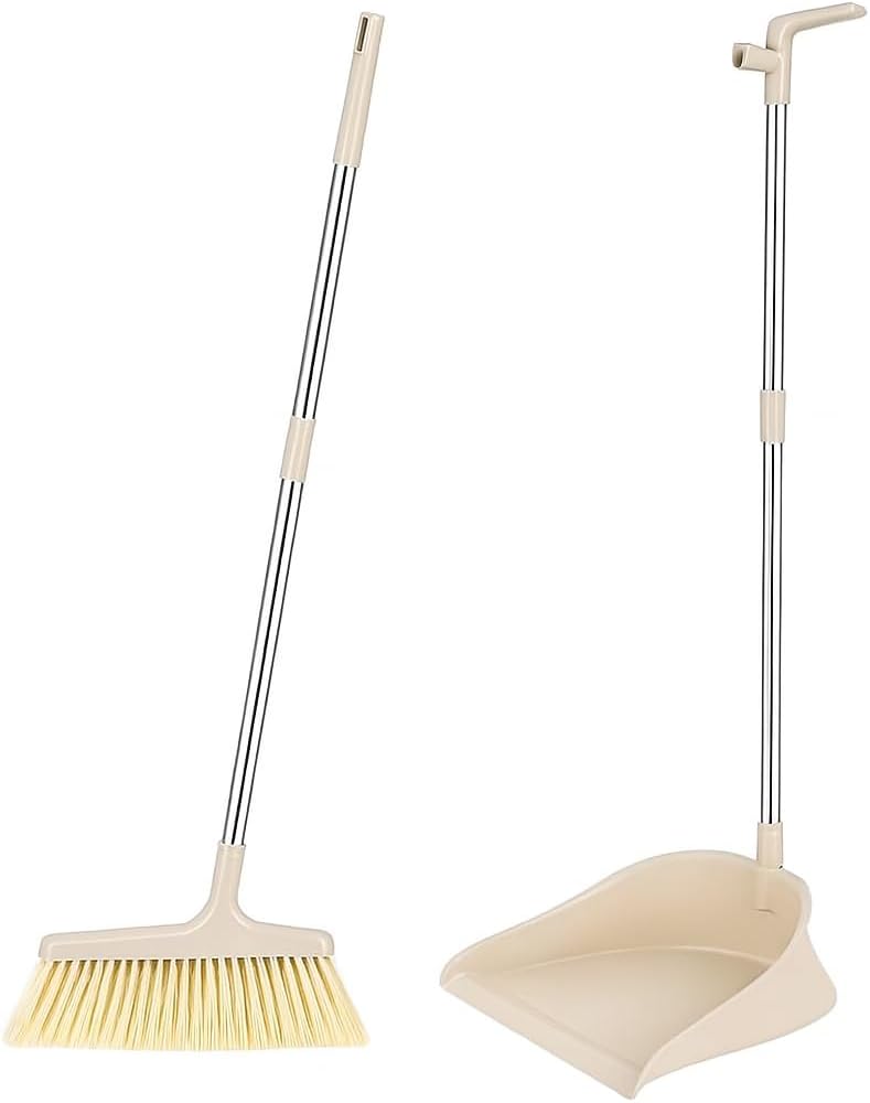Broom and Dustpan Set - Heavy Duty Metal Handle, Upright Stand, Long Handle for Easy Sweeping, Compact Design for Home, Office, and Kitchen, Indoor & Outdoor Cleaning Supplies ( Beige )