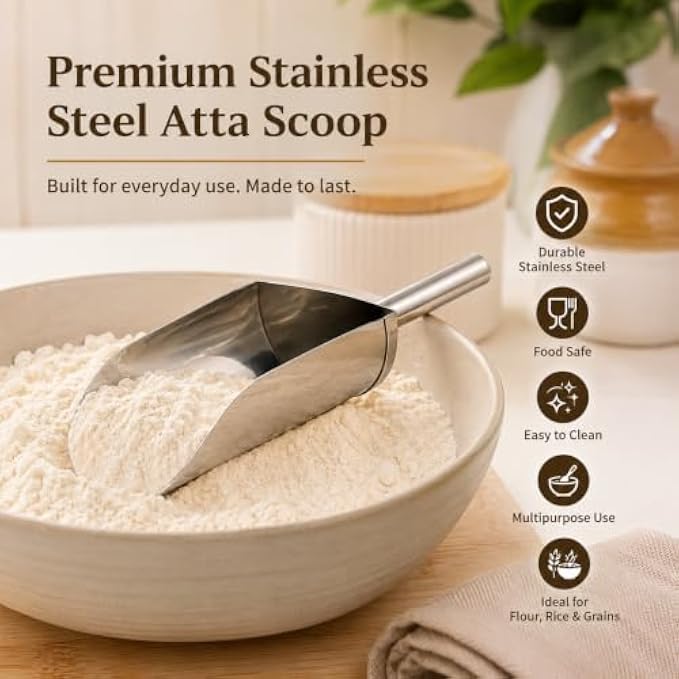 72 Pieces Stainless Steel Atta Scoops (Food Safe Multipurpose Flour Scoop for Atta – Rice – Grains and Dry Ingredients – Durable Easy Clean Kitchen Scoop – Silver)