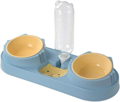 Cat Water & Food Feeder Bowl with Bottle – Dual Stainless Steel Bowls – Assorted Colors
