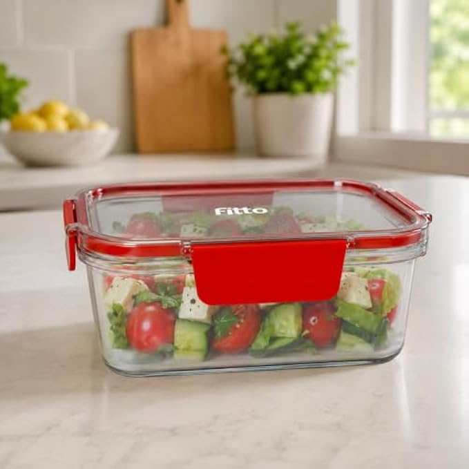 96 Pieces 300ML Glass Food Storage Containers with Airtight Lock Lid (Rectangular Clear Meal Prep Box – Freezer & Dishwasher Safe – Red)