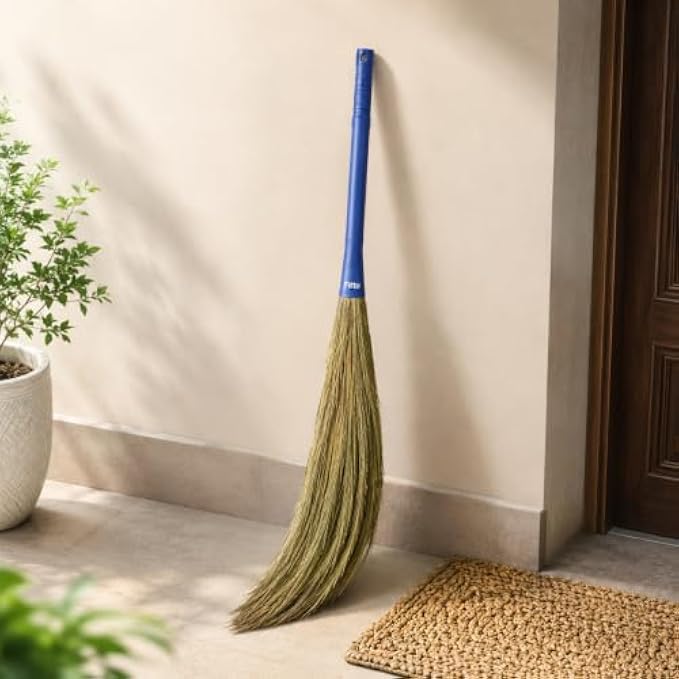 96 Pieces Natural Grass Brooms with Blue Handle for Indoor and Outdoor Sweeping (Lightweight Cleaning Broom)