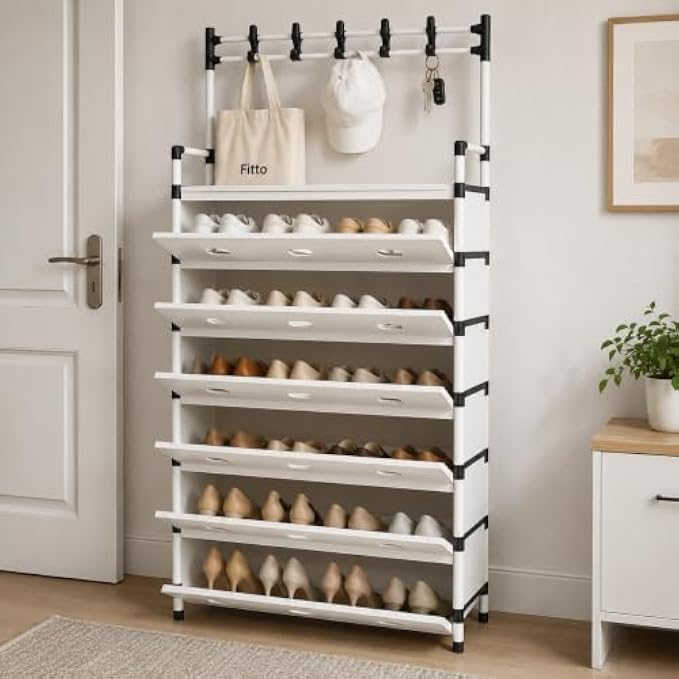 72 Pieces 6 Layer Shoe Racks with Front Doors (Space Saving Shoe Organizer with Top Hooks for Entryway – Bedroom – Closet and Hallway – White and Black)