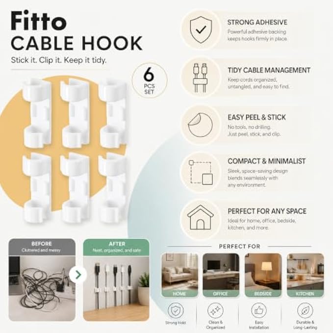 240 Pieces Self-Adhesive Cable Hooks (6-Piece Cord Organizer Clip Set – For Desk – Wall – Home – Office – Bedside and Kitchen – White)
