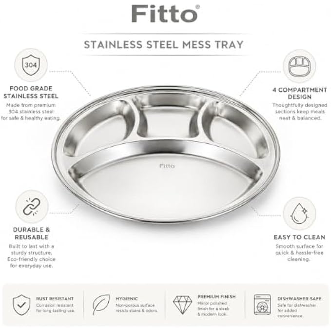 96 Pieces Stainless Steel Mess Trays (4 Compartment Round Food Plate – 304 Food-Grade Steel Dinner Thali – Reusable Serving Plate for Home – Canteen – Office)