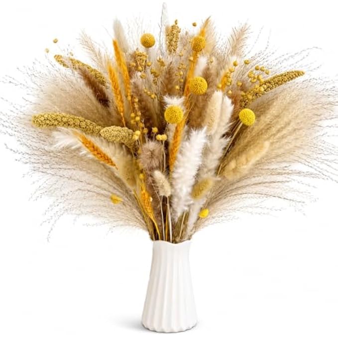 96 Pieces Natural Dried Pampas Grass Bouquets with Wheat Stems and Bunny Tails (Neutral Boho Floral Arrangement for Living Room – Bedroom and Office Décor – Yellow – Beige and White)