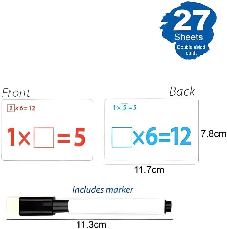 120 Pieces 27-Sheet Multiplication Flash Cards with Marker - (11.7x7.8cm Educational Math Learning Tool)