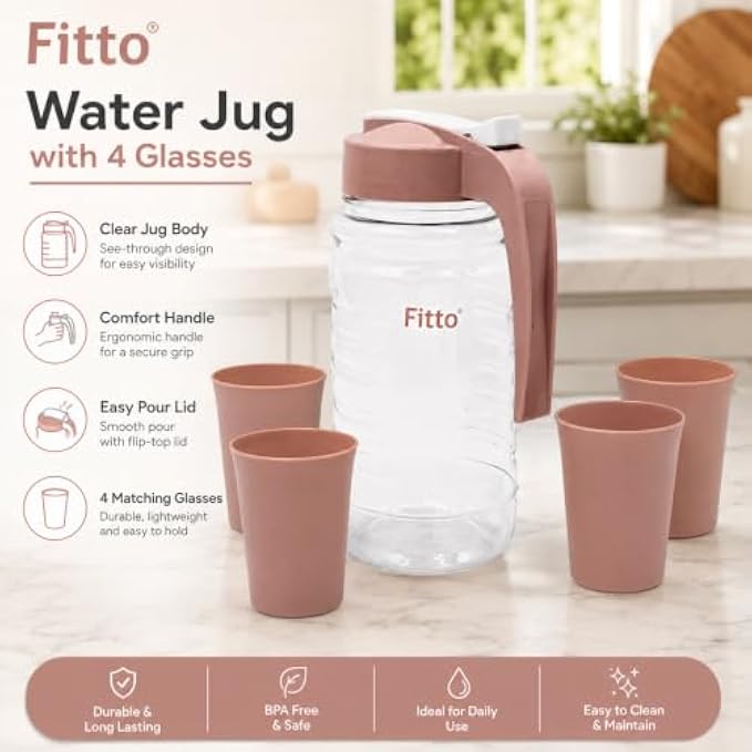 96 Pieces Water Jugs (4 Glasses – Clear Plastic Jug Set with Easy-Pour Lid – Comfort Handle – BPA-Free – Daily Use)