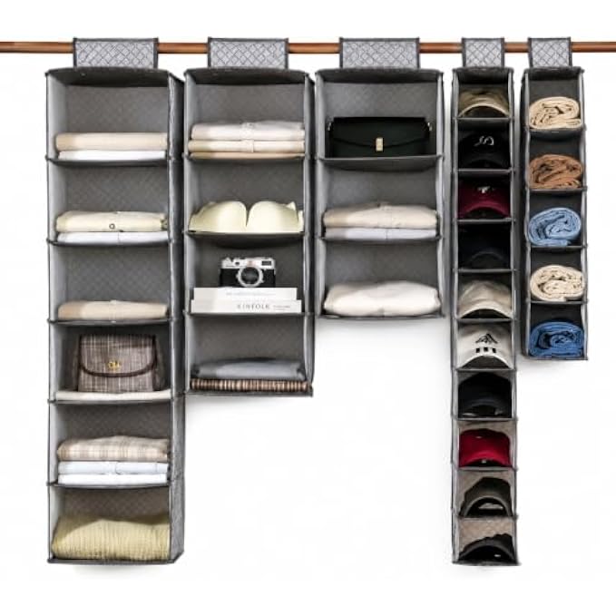 96 Pieces Hanging Closet Organizers (Multi Compartment Wardrobe Storage Shelf for Clothes – Bags – Hats and Accessories – Grey)