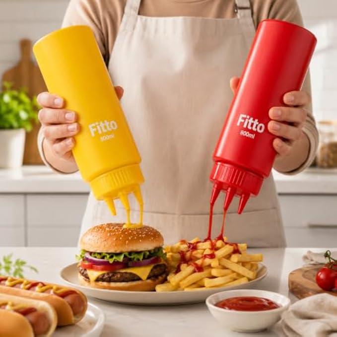 144 Pieces 800ml Squeeze Bottle Sets (2 Piece Sauce Dispenser Bottles with Precision Nozzle Cap – Food-Grade Refillable Plastic Condiment Bottles – Red and Yellow)
