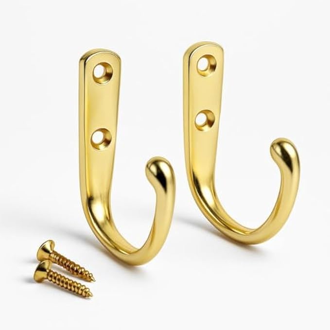 Brass Plated Robe Hook Pack of 2 - Wall-Mounted Towel Hook, Coat Hook, Bathroom Hook, Robe Hanger