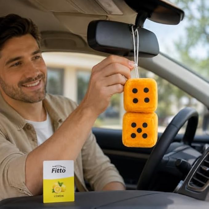 120 Pieces Fuzzy Dice Car Air Fresheners (Yellow Hanging Lemon-Scented Plush Dice Ornament with Cord for Rearview Mirror – Car – SUV and Small Spaces)