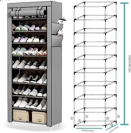 10-Tier Foldable Shoe Rack Storage Cabinet - Holds 27 Pairs, Portable Shoe Organizer with Cover, Space-Saving Shoe Storage Box for Bedroom & Closet (155cm X 60cm X 30cm)