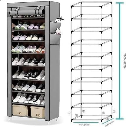 10-Tier Foldable Shoe Rack Storage Cabinet - Holds 27 Pairs, Portable Shoe Organizer with Cover, Space-Saving Shoe Storage Box for Bedroom & Closet (155cm X 60cm X 30cm)