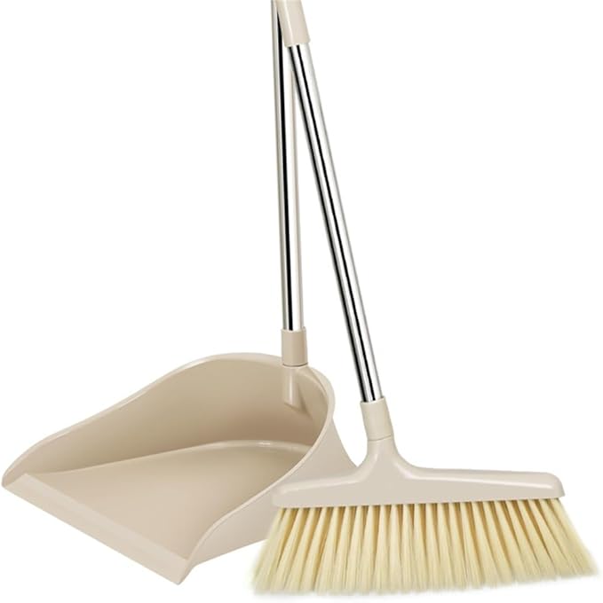 Fitto Broom and Dustpan Set - Heavy Duty Metal Handle, Upright Stand, Long Handle for Easy Sweeping, Compact Design for Home, Office, and Kitchen, Indoor & Outdoor Cleaning Supplies ( Beige )