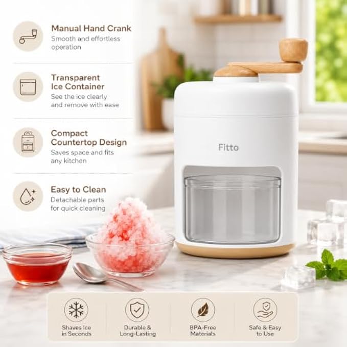 72 Pieces Manual Ice Shavers with Hand Crank (Compact Countertop Shaved Ice Maker with Removable Collection Container for Desserts and Cold Drinks – White and Beige)
