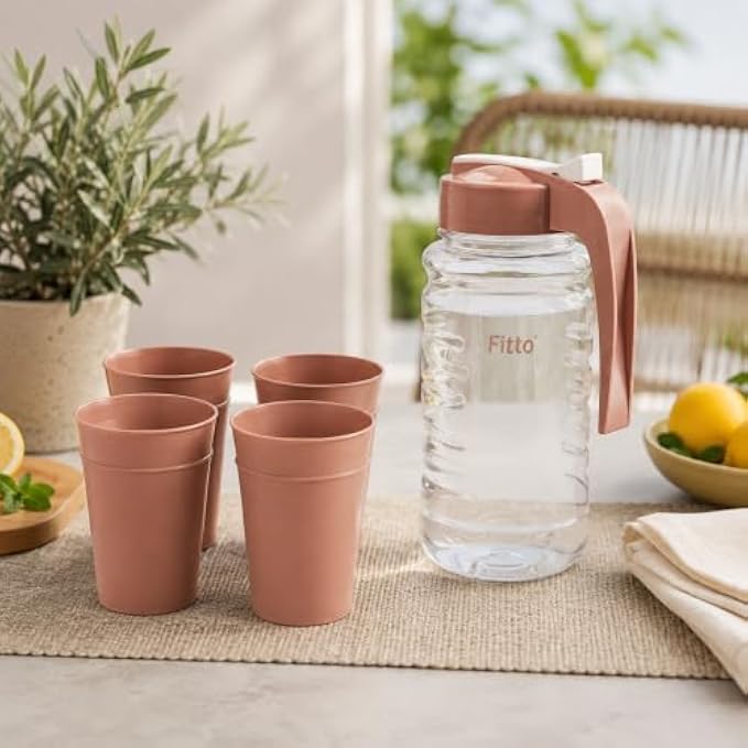 96 Pieces Water Jugs (4 Glasses – Clear Plastic Jug Set with Easy-Pour Lid – Comfort Handle – BPA-Free – Daily Use)