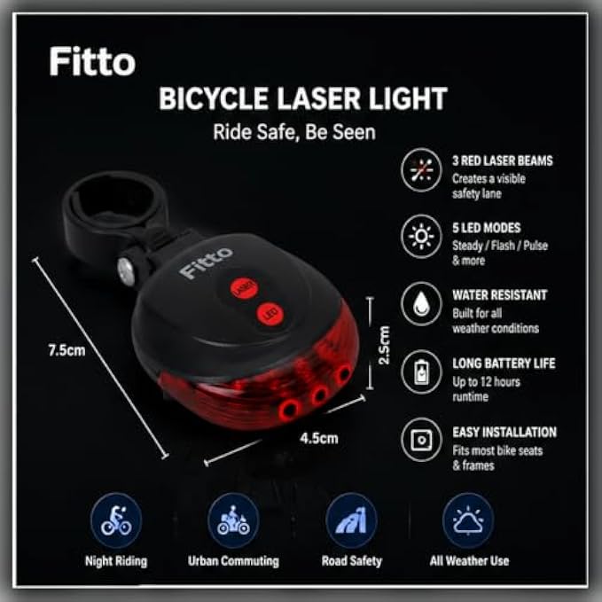 96 Pieces Bicycle Laser Lights (3 Red Safety Beams – 5 LED Modes – Water-Resistant Rear Bike Light with Easy Seat or Frame Mount for Night Riding – Black and Red)