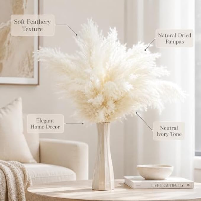 96 Pieces White Pampas Grass Decors (Soft Fluffy Dried Floral Stems for Vase – Living Room – Bedroom – Office and Event Decoration)
