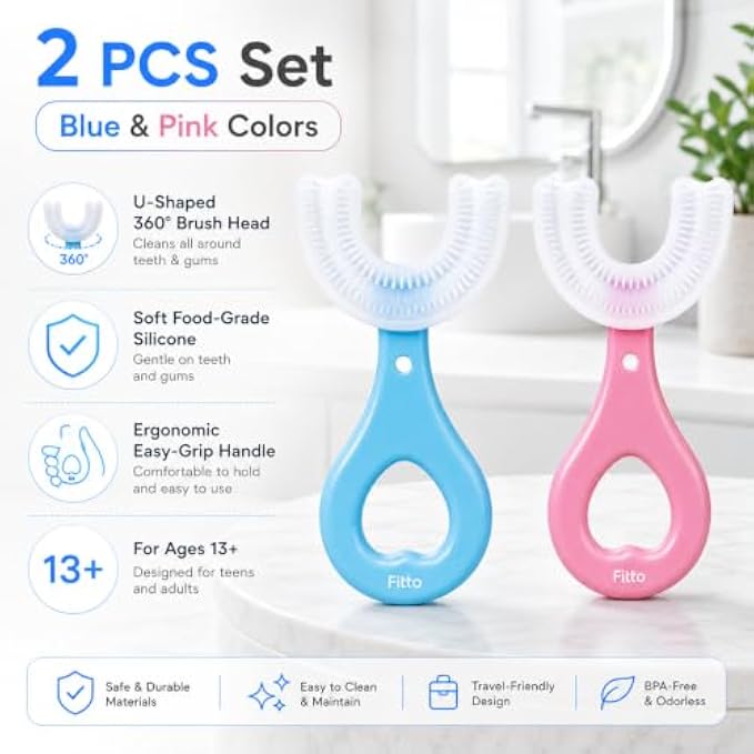 96 Pieces U-Shaped Silicone Toothbrush Sets with Soft Bristles and Easy-Grip Handle (Manual Oral Cleaning Brushes for Teens 13+ and Adults – Pink and Blue – Pack of 2)