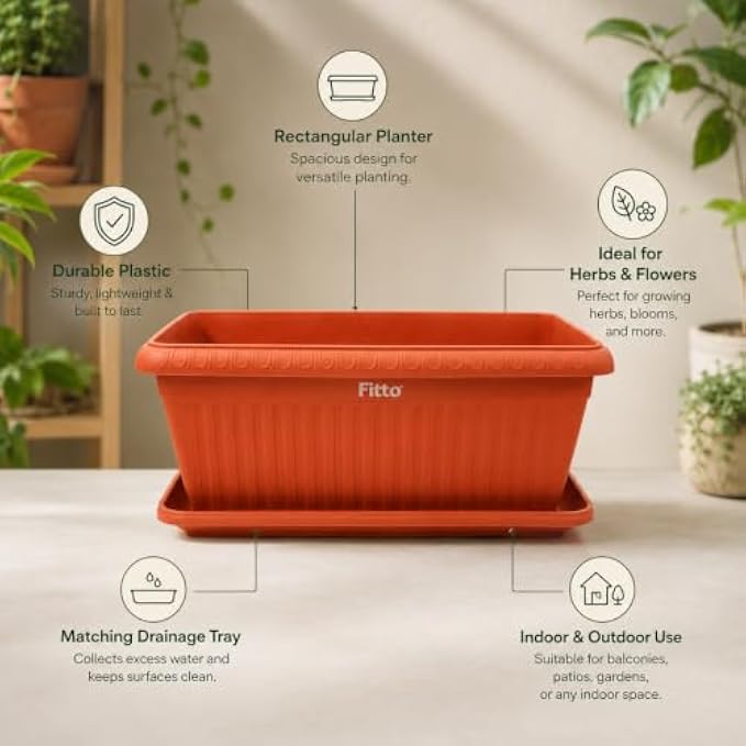 48 Pieces 60 cm Rectangular Plastic Planters with Matching Drainage Tray (Lightweight Indoor Outdoor Plant Pot for Herbs Flowers Balcony Patio Garden – Orange)