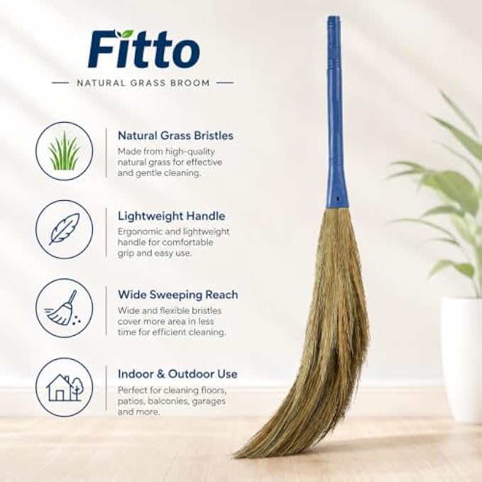 96 Pieces Natural Grass Brooms with Blue Handle for Indoor and Outdoor Sweeping (Lightweight Cleaning Broom)